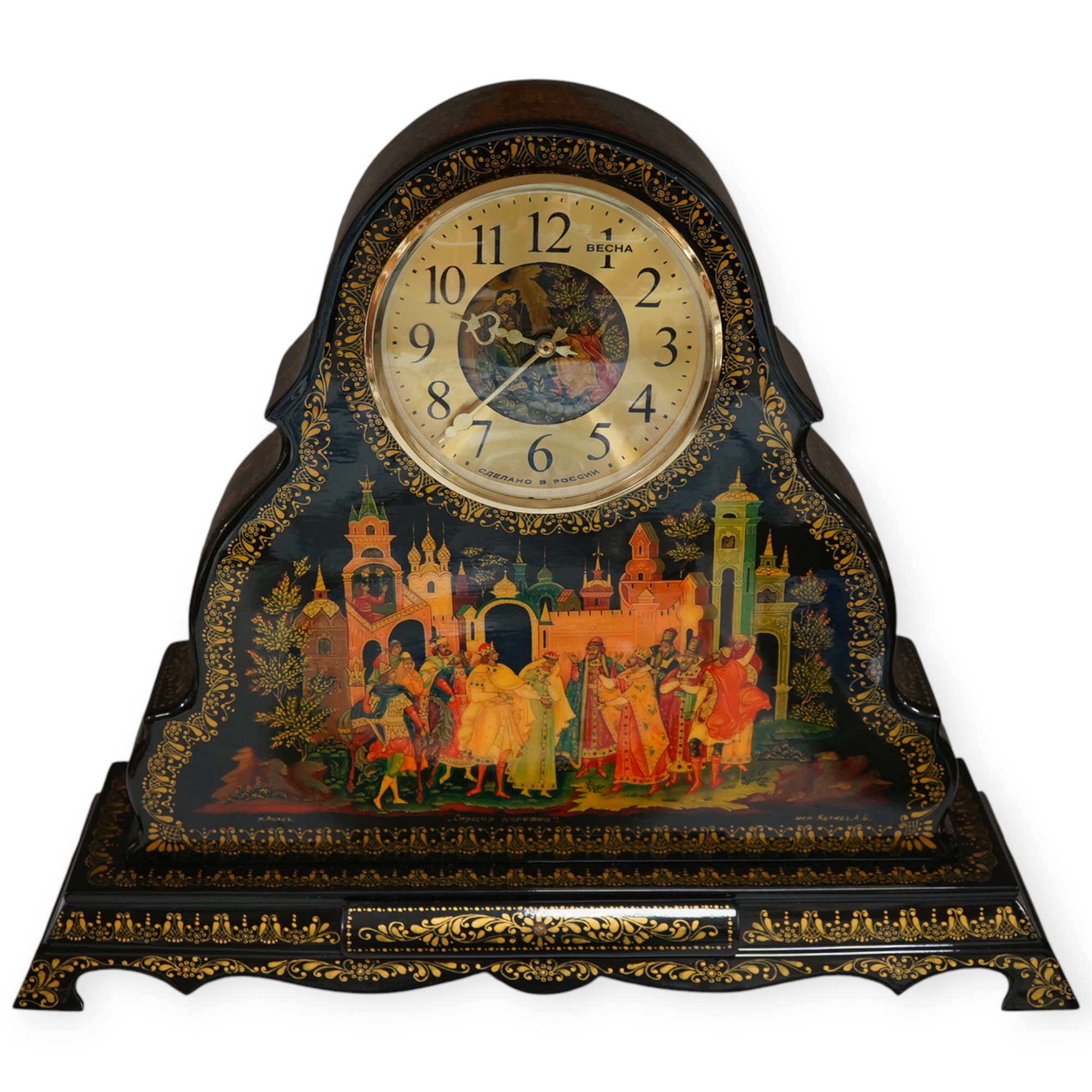 A Becha Russian hand painted black lacquer large mantel clock, 36cm high x 44cm wide